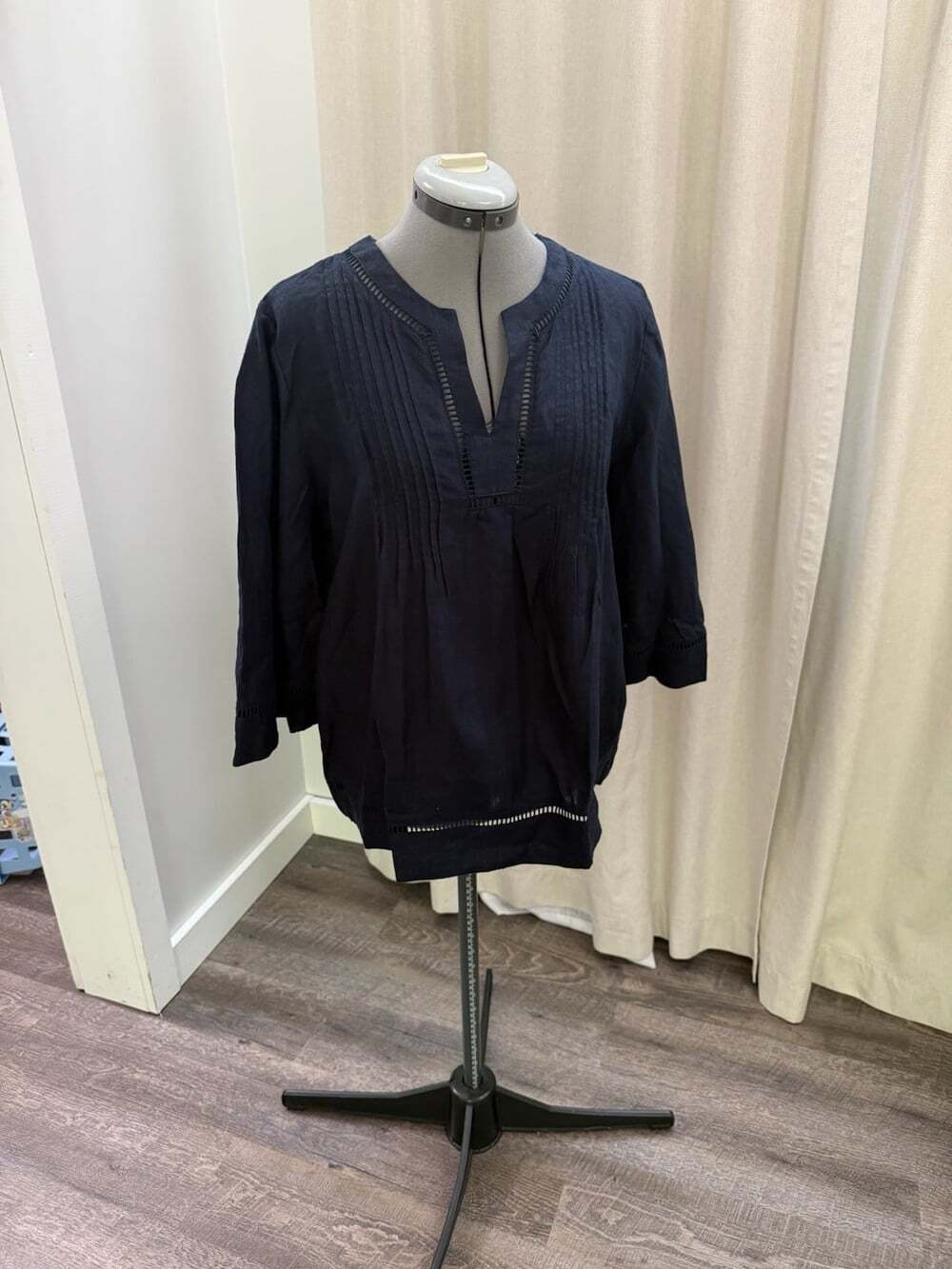 Ralph Lauren L Shirt Top Navy Linen V Neck Embellished 3/4 Lightweight NWT